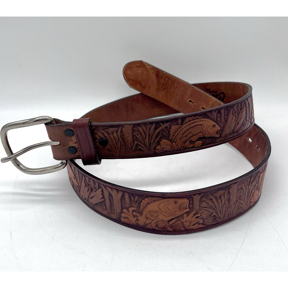 Chambers Belt Hand-Tooled Leather Bass Fishing Pattern Brown 36"